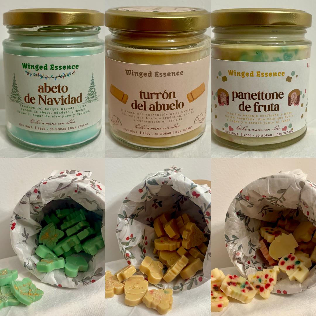 Vela y Wax Melt Winged Essence - Colección de navidad, cera de soja 