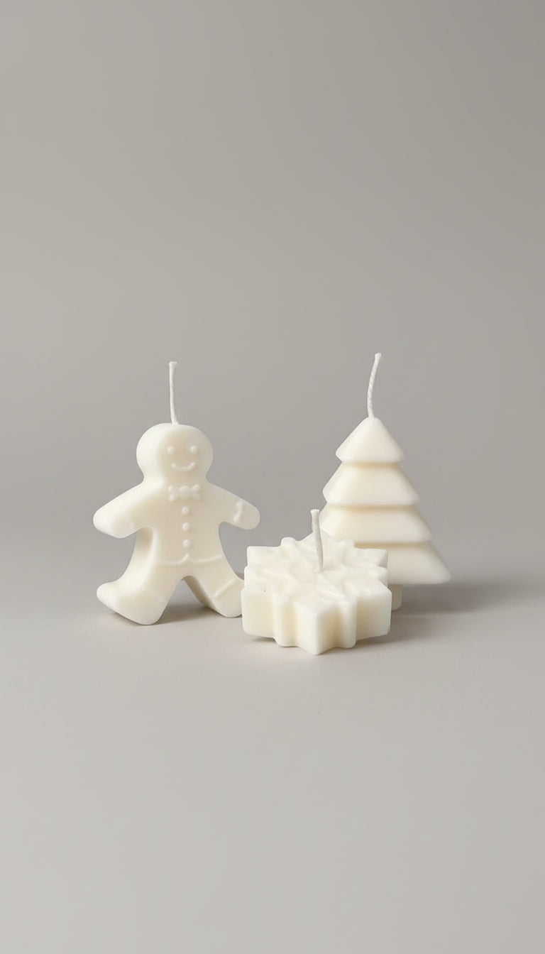 Pack 3 velas decorativas de invierno (copo, árbol y galleta)