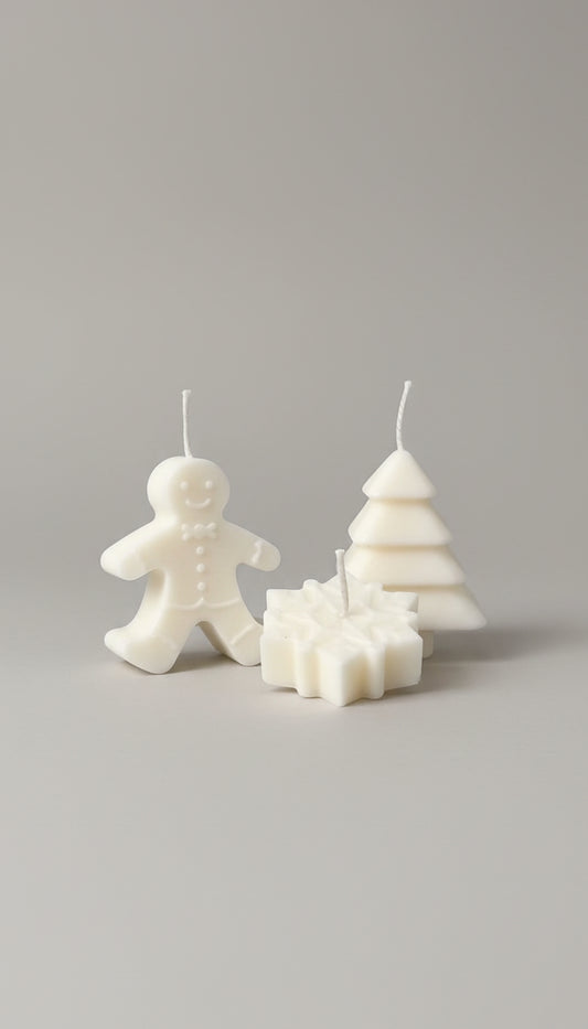 Pack 3 velas decorativas de invierno (copo, árbol y galleta)