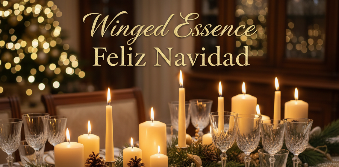Mesa con velas navideñas, con mensaje Feliz Navidad y Winged Essence como titulo